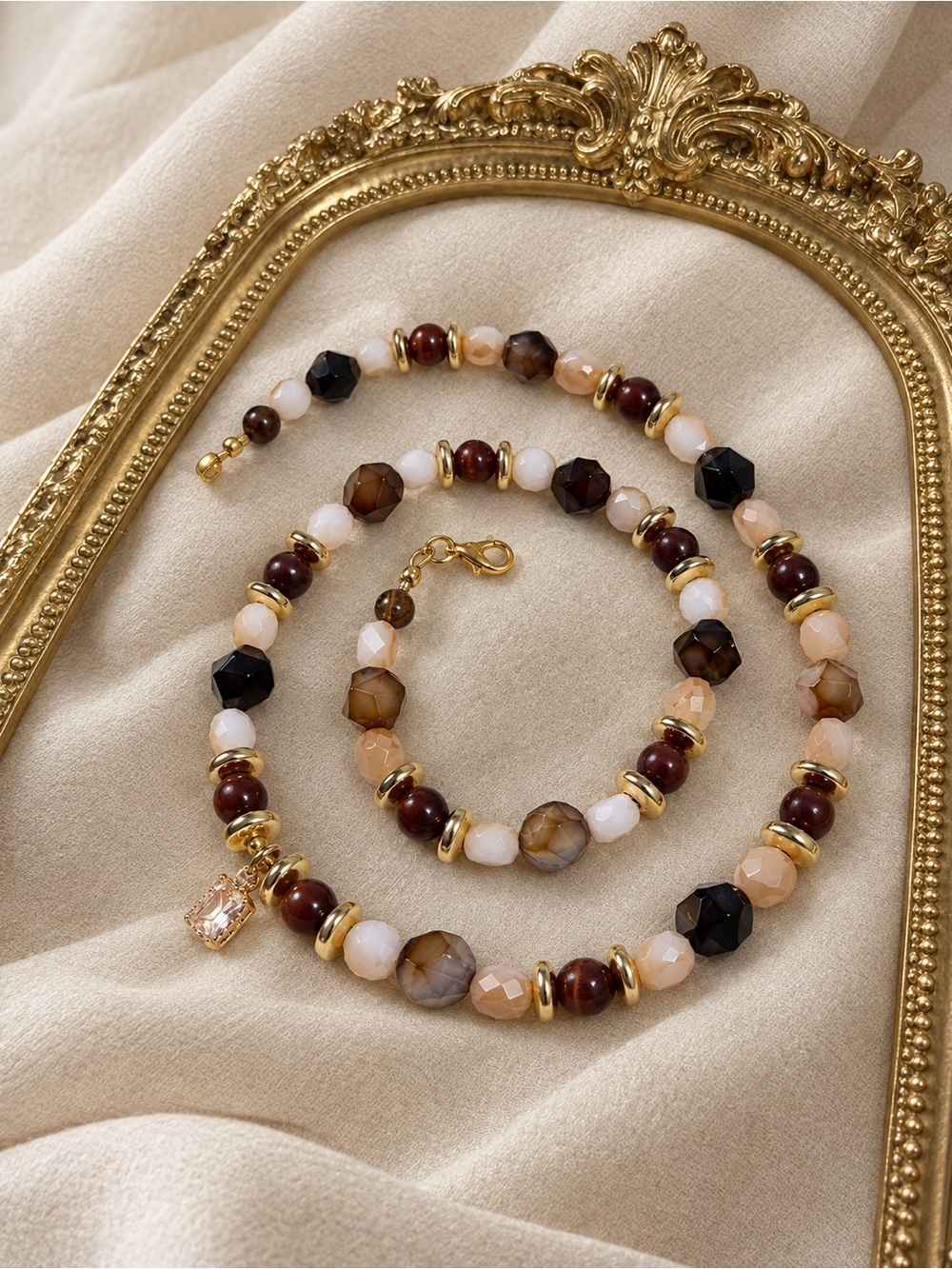 Elegant Gold-Toned Brown & Cream Beaded Necklace and Bracelet Set
